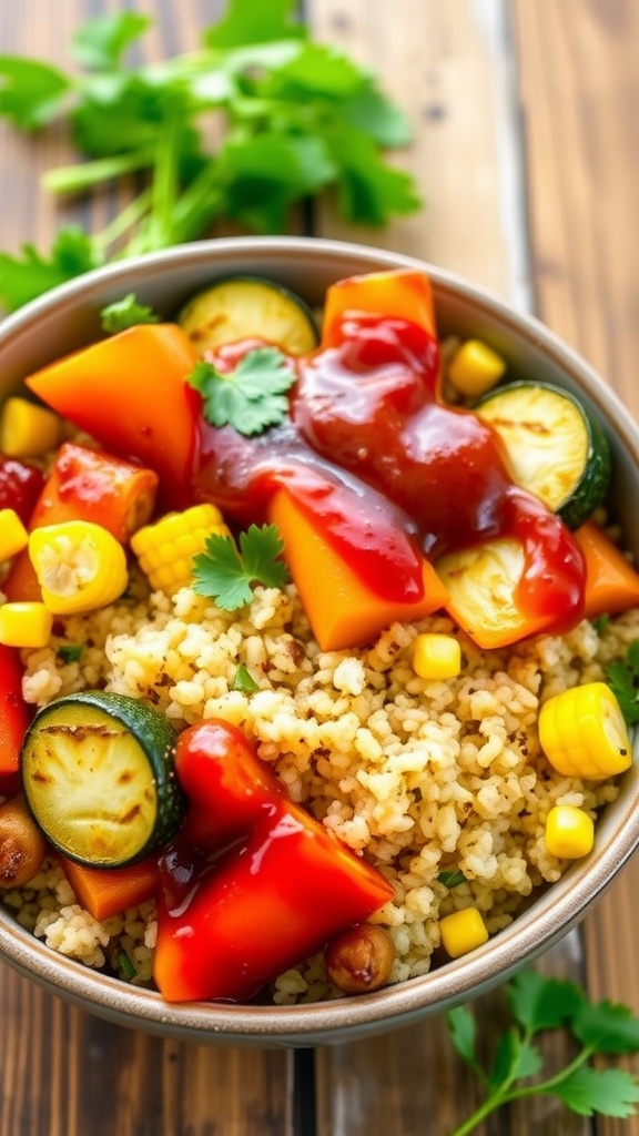 A colorful Smoky Barbecue Quinoa Bowl with quinoa, grilled vegetables, black beans, and barbecue sauce, garnished with cilantro.